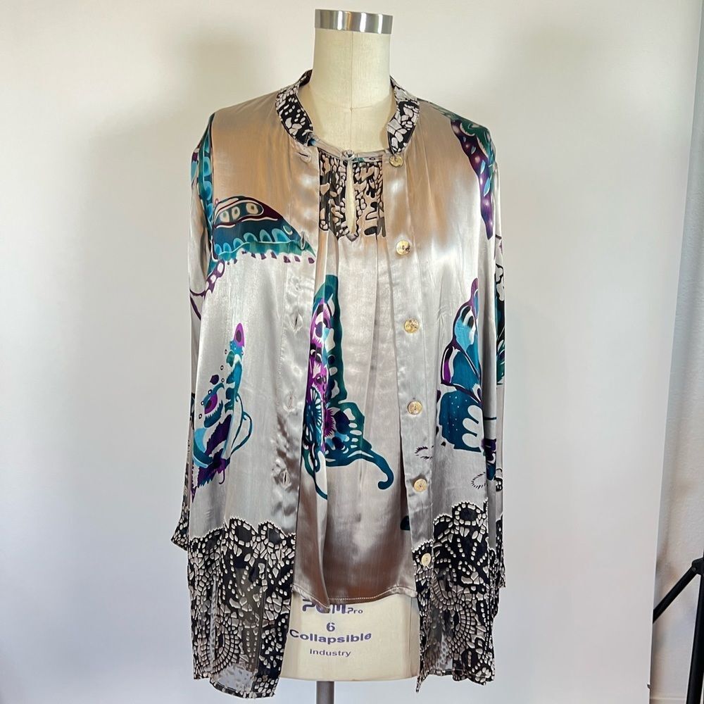 CITRON silver metallic butterfly print boho silk top shirt set